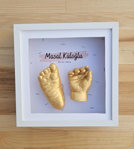 Kişiye Özel Pembe İsimli Beyaz Çerçeve ile El ve Ayak Heykel Kiti